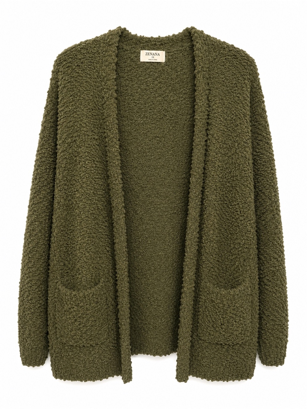 Zenana 1X Olive Green Popcorn Knit Open Front Cardigan Sweater Pockets Cozy Soft